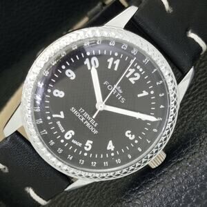 Vintage 1982 Fortis Manual Mens Silver Watch W/Leather Strap & Black accents